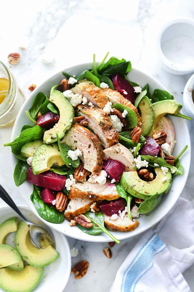 Roasted Beet, Avocado and Goat Cheese Spinach Salad with Chicken