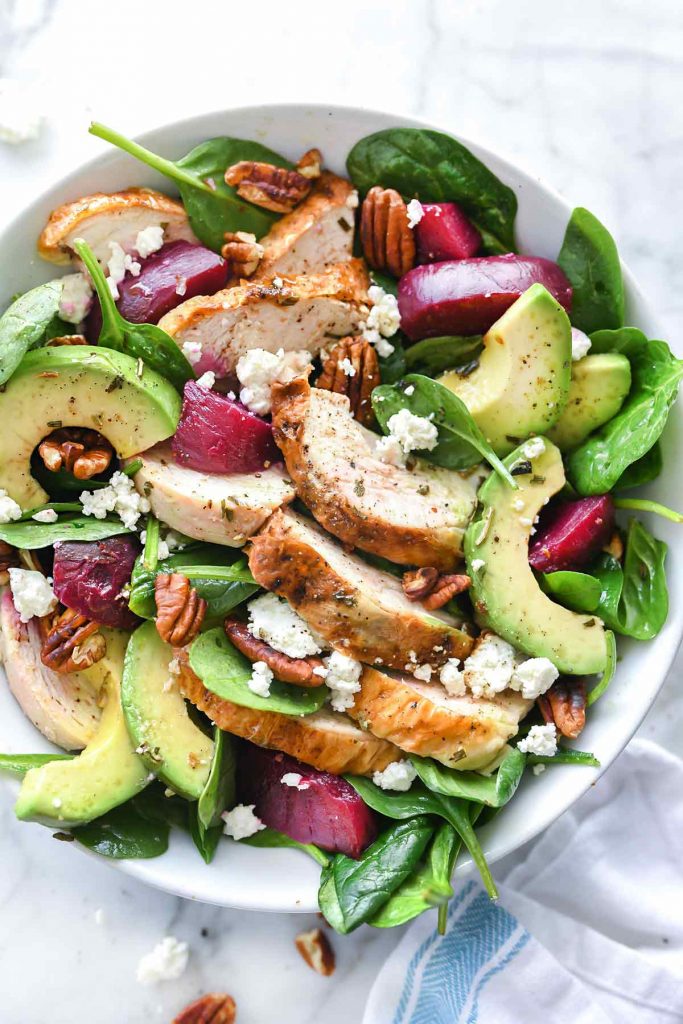 Roasted Beet, Avocado and Goat Cheese Spinach Salad with Chicken