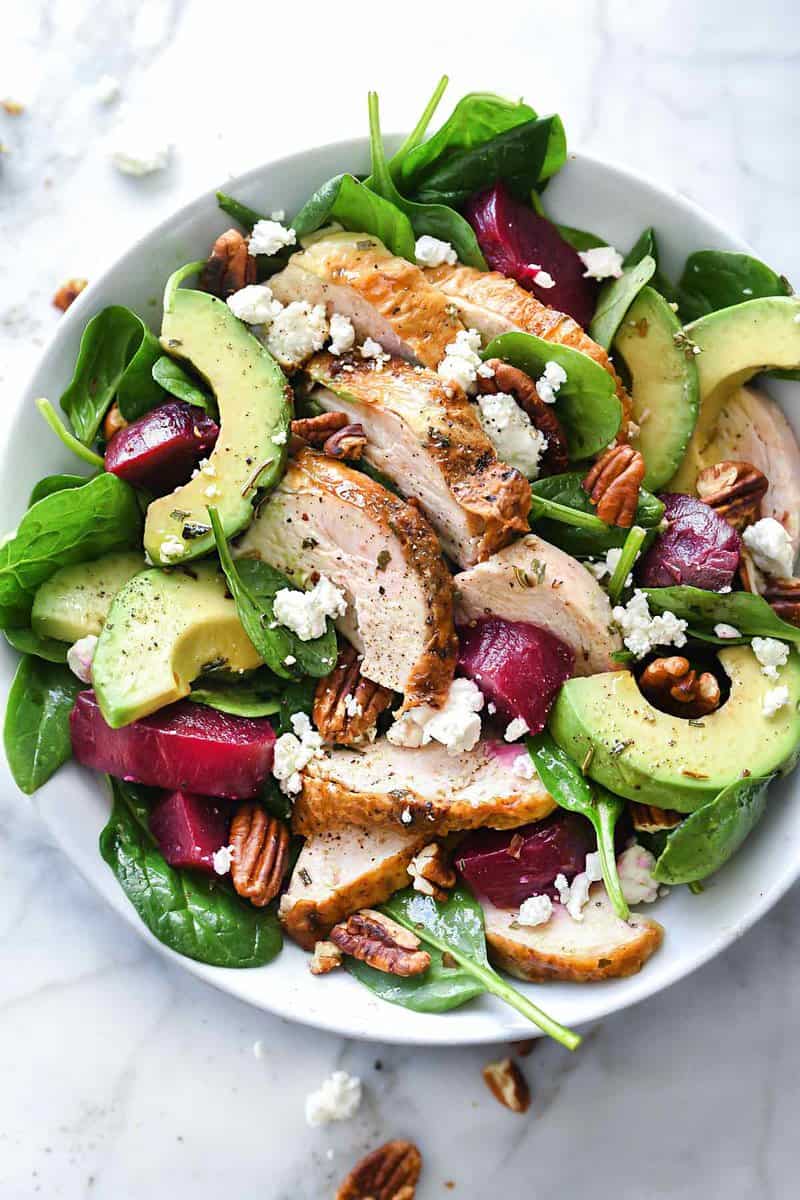 Roasted Beet, Avocado and Goat Cheese Spinach Salad with Chicken