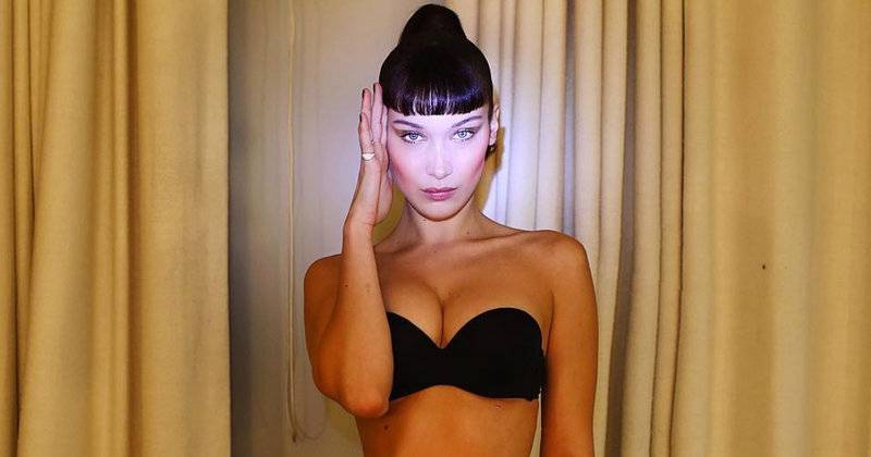 Bella Hadid Poses in a Strapless Black Bra and Matching Underwear