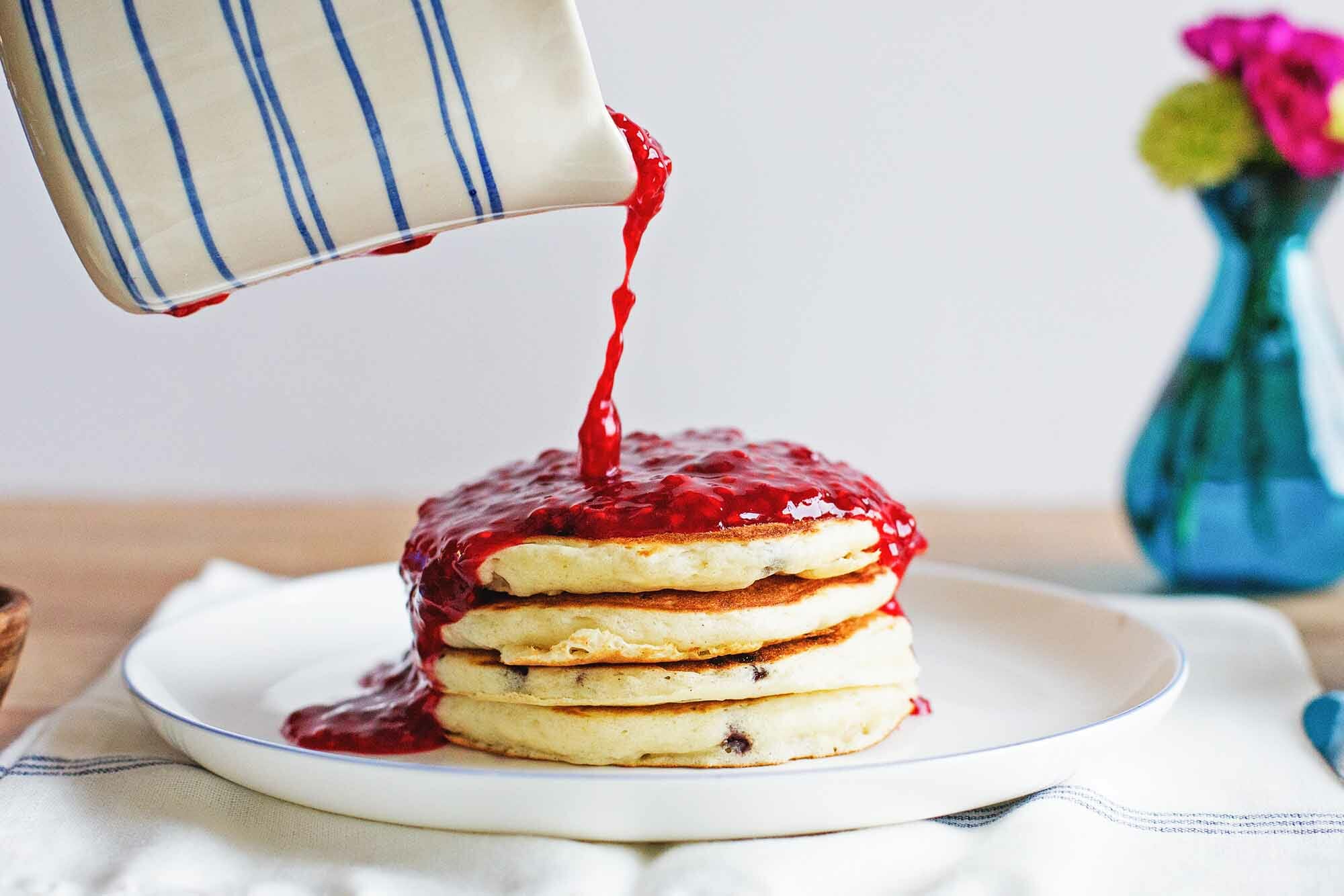 Chocolate Chip Pancakes with Raspberry Sauce Recipe