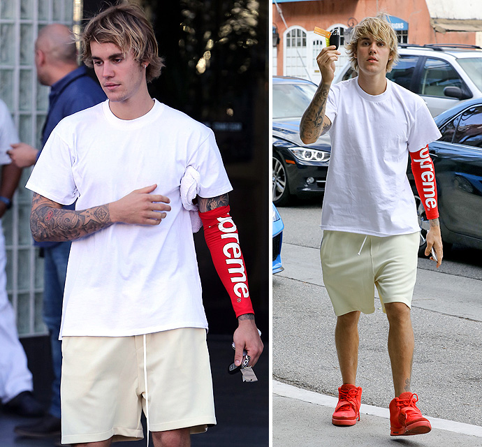 Justin Bieber Is Too Cool For School With His Supreme Arm Band, Yeezy ...