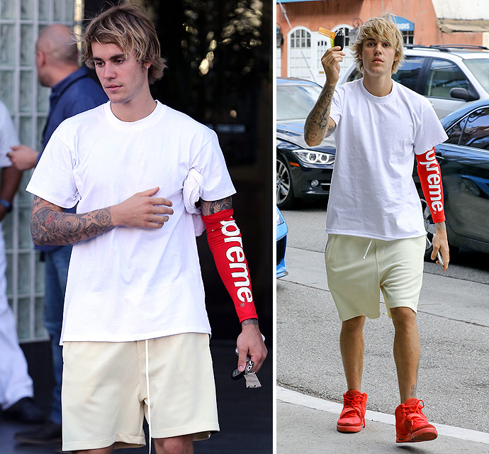 Justin Bieber Is Too Cool For School With His Supreme Arm Band Justin Bieber Is Too Cool For School With His Supreme Arm Band