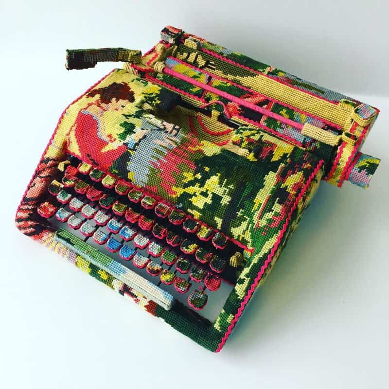 Dressed up vintage household things in cross stich embroiderys return to life as beautiful art objects