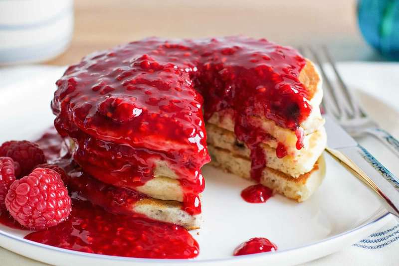 Chocolate Chip Pancakes with Raspberry Sauce Recipe