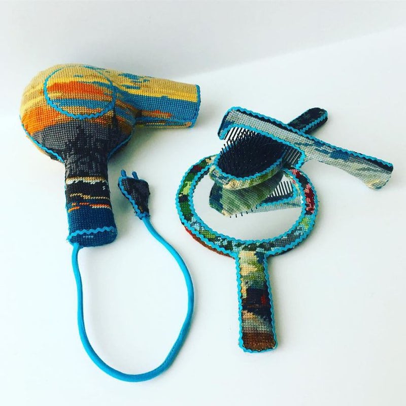 Dressed up vintage household things in cross stich embroiderys return to life as beautiful art objects
