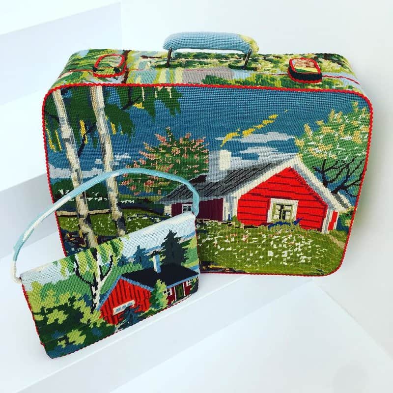 Dressed up vintage household things in cross stich embroiderys return to life as beautiful art objects