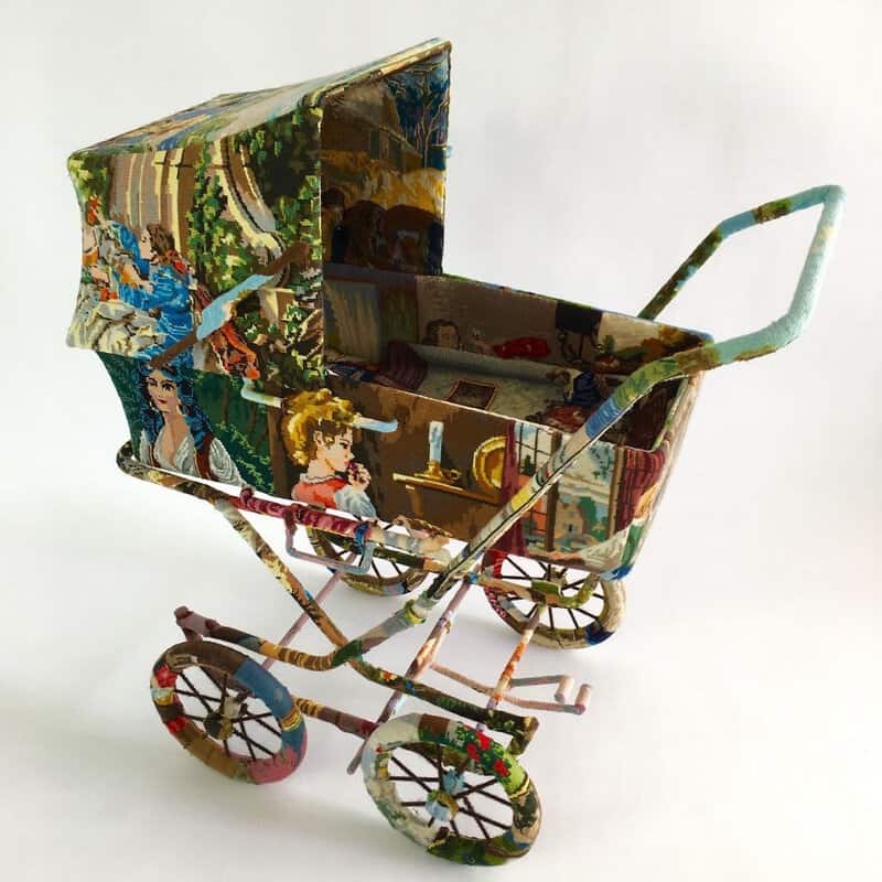 Dressed up vintage household things in cross stich embroiderys return to life as beautiful art objects