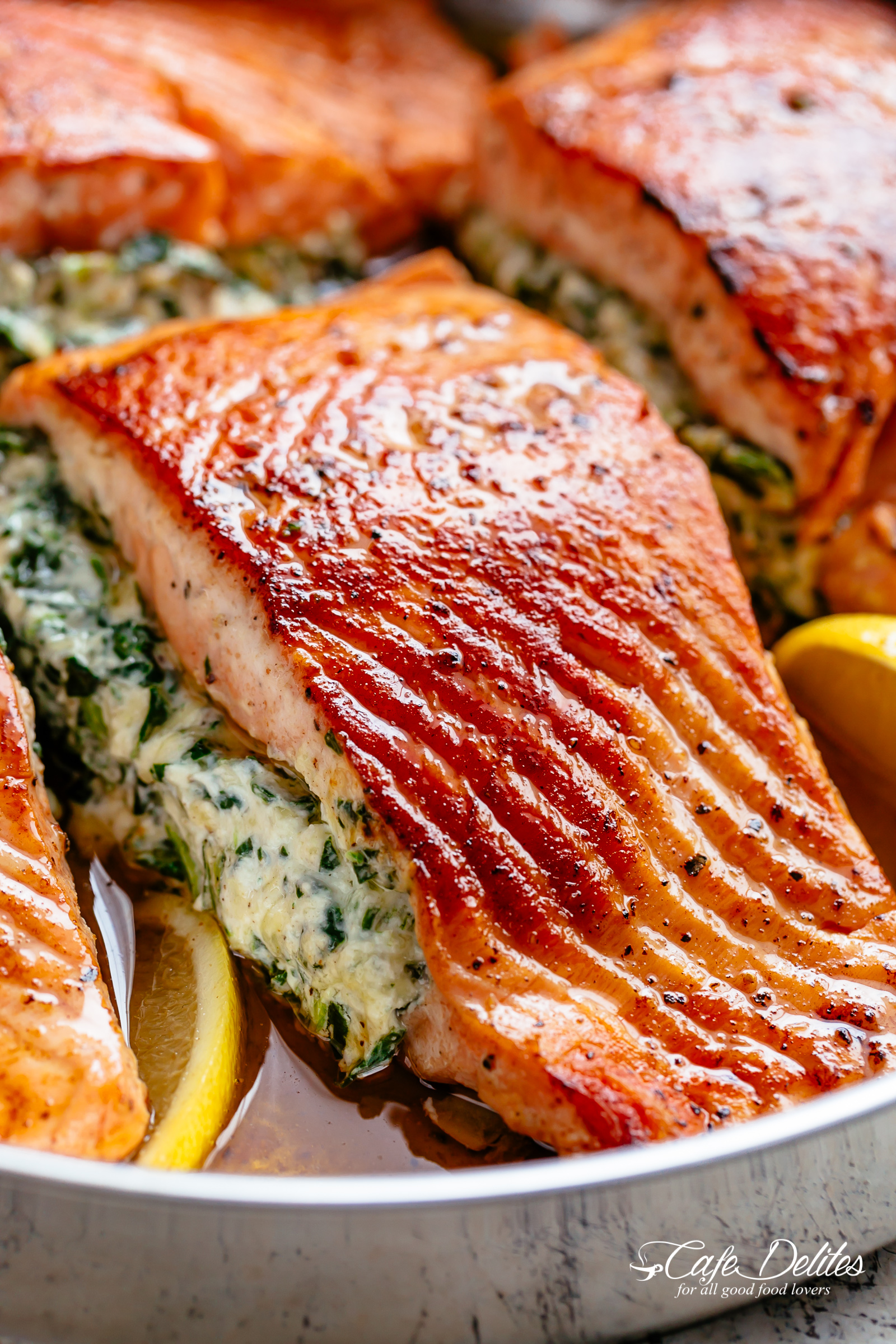 Creamy Spinach Stuffed Salmon in Garlic Butter