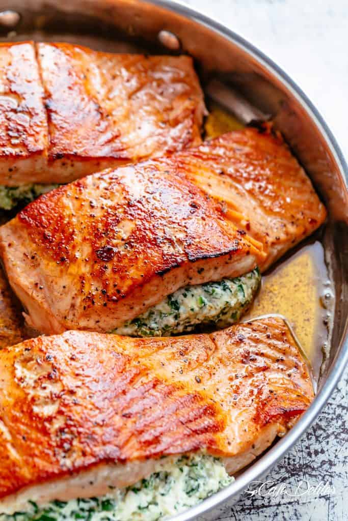 Creamy Spinach Stuffed Salmon in Garlic Butter