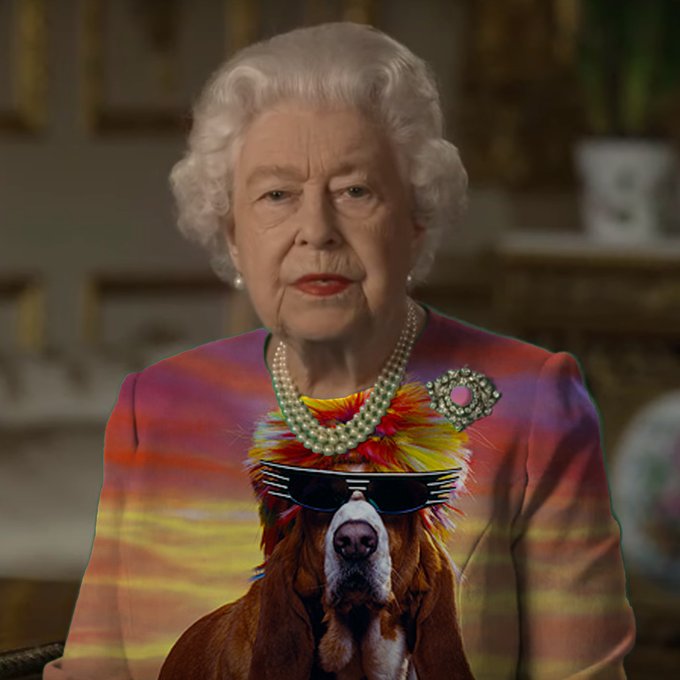Queen wears green dress and unleashes Photoshop battle. Best Queen meme!